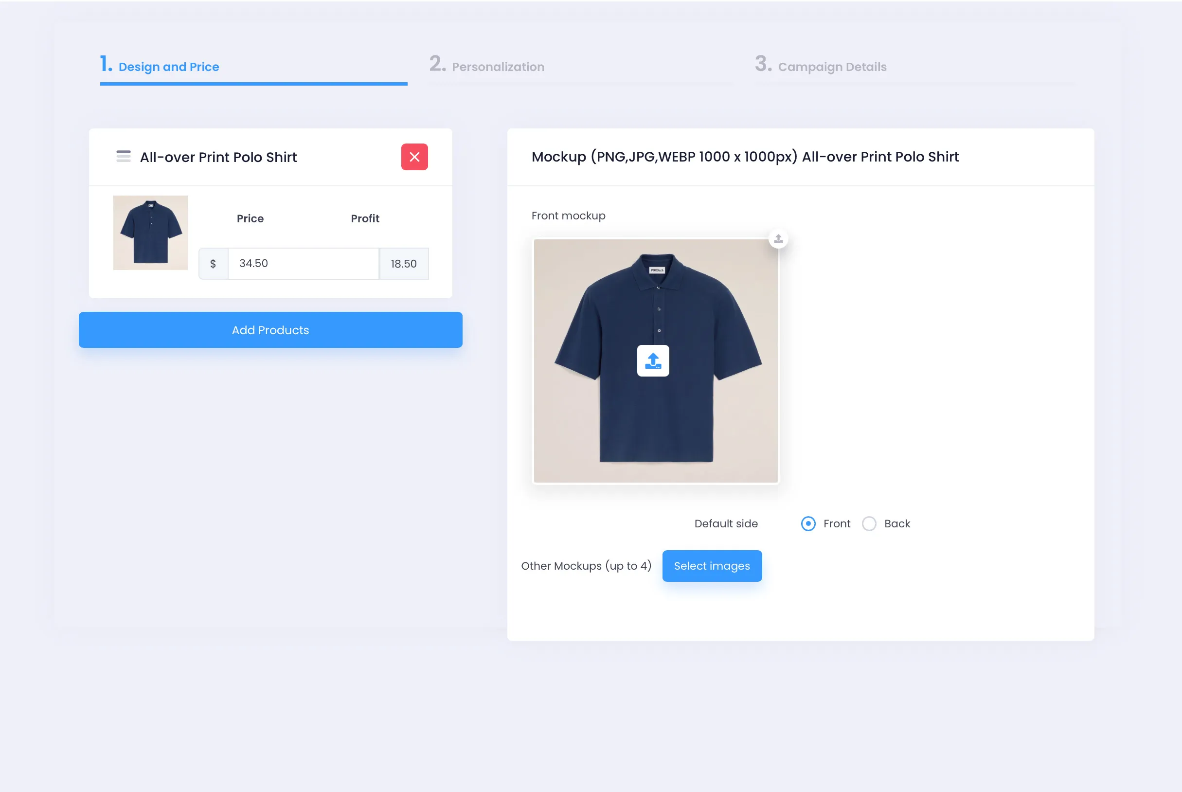 Upload mockup file in Design and Price tab