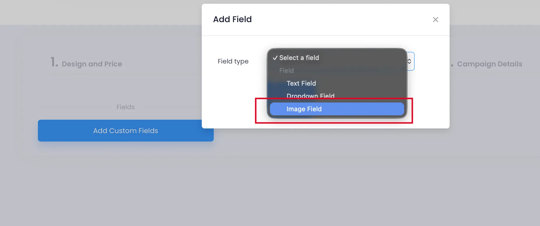 Select Image Field type in the popup